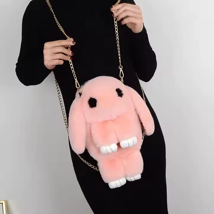 Cute Fluffy Rabbit Fur Pompoms Sling Chain Bag